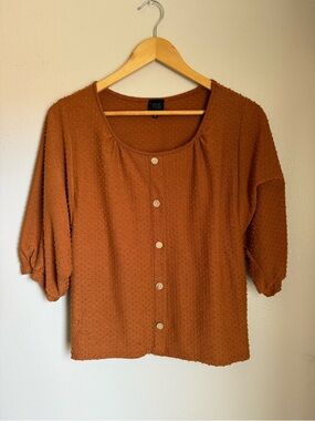 burnt orange button front textured puff sleeve scoop neck blouse